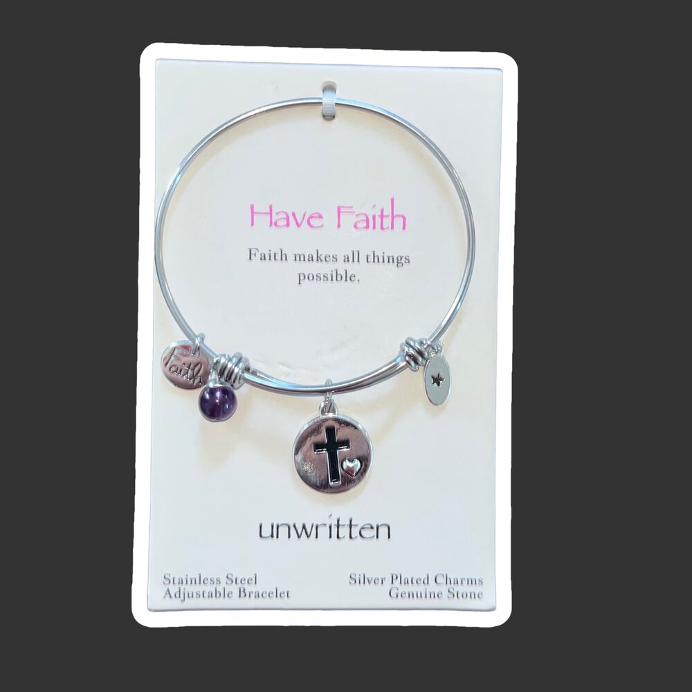 unwritten “Have Faith” Stainless Steel Adjustable Bracelet with Silver Plated Ch